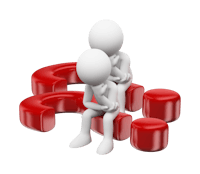 3d people sitting on a red box with a question mark on it